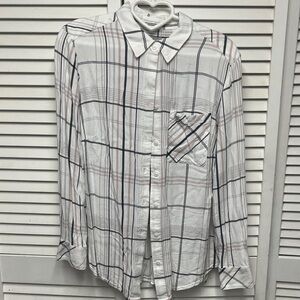Chico's White Plaid Button-Up Shirt with Black & Tan Stripes